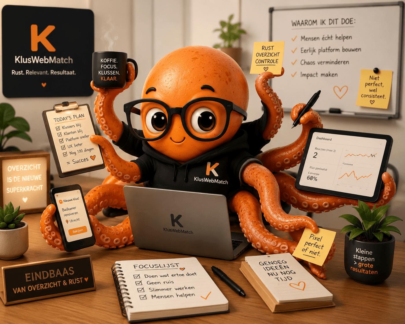 Subtiele KlusWebMatch octopus als merkdetail in de footer