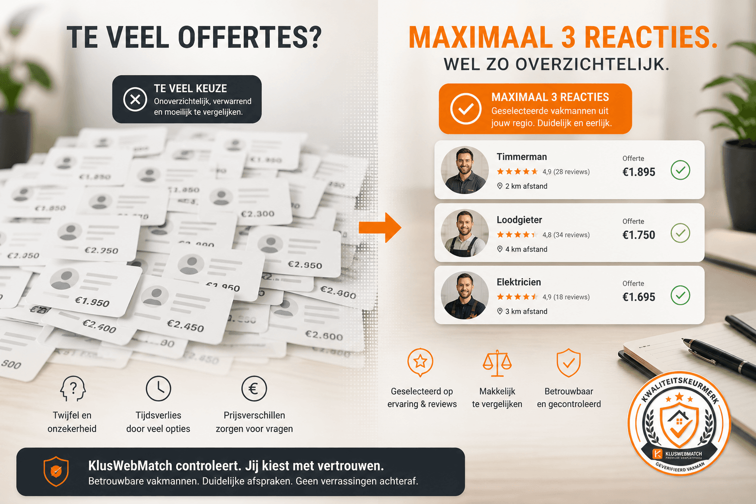 Uitleg dat klanten via KlusWebMatch maximaal drie reacties op een klus ontvangen